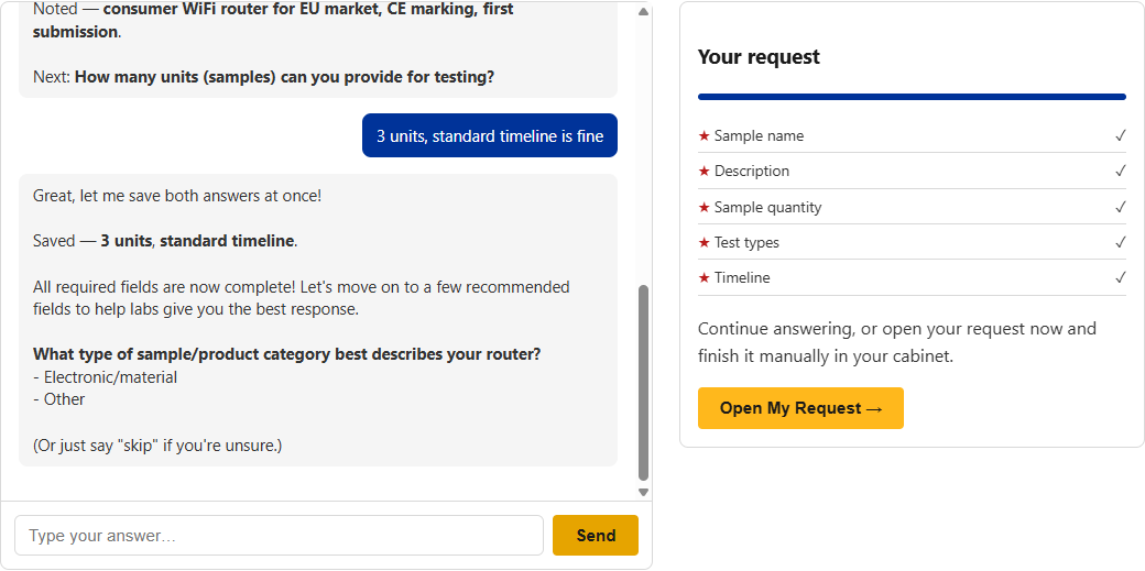 A real AI assistant conversation building a structured testing request, with the request draft panel filling in alongside it.
