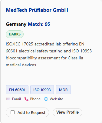 A real search result card: laboratory name, match score, accreditation body, standards and contact icons.